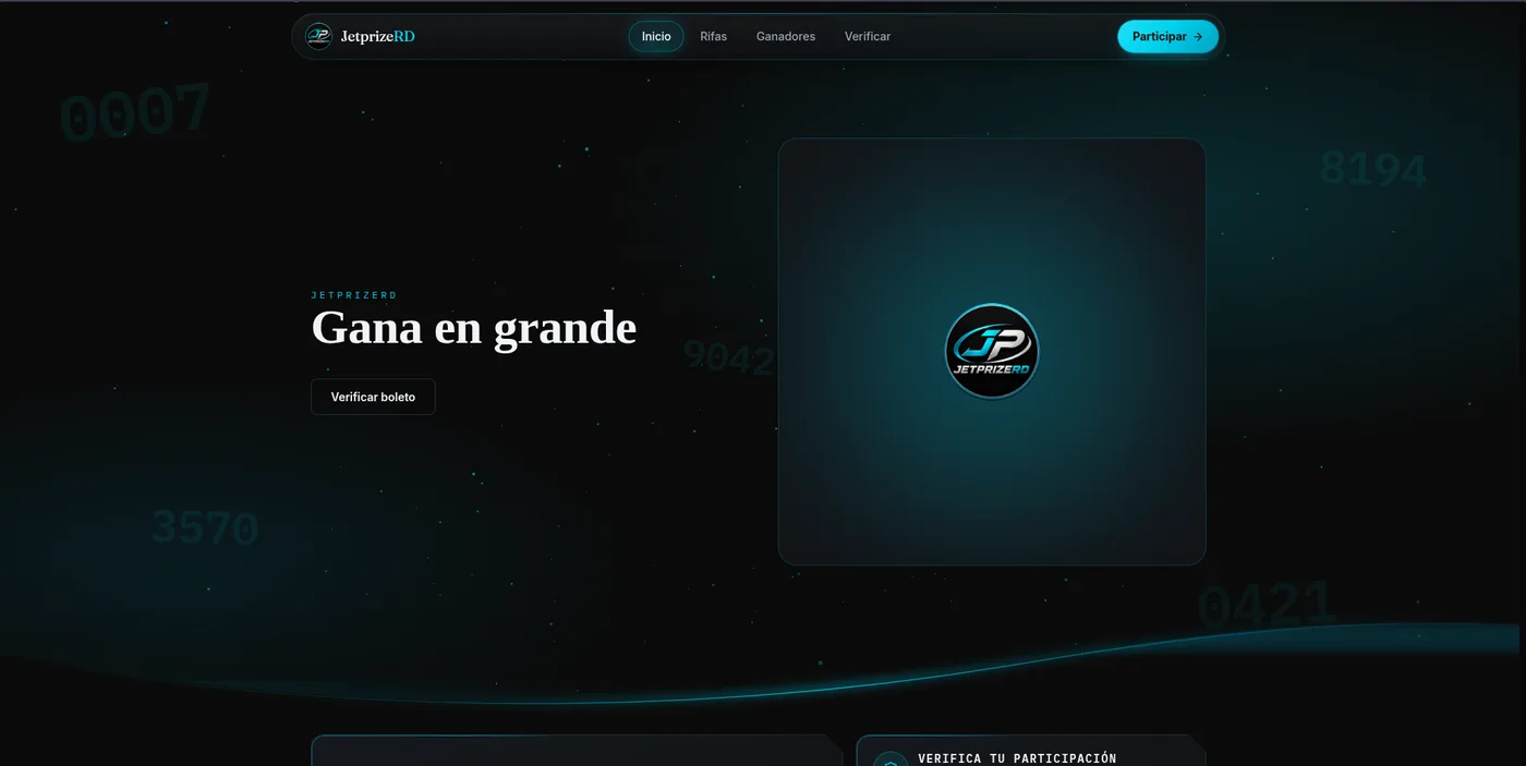 Página de inicio de JetprizeRD: “Gana en grande”, con navegación de rifas, ganadores y verificación de boletos.